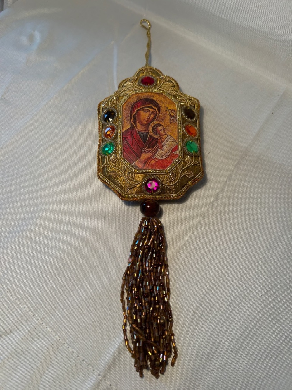 Orthodox Christian Virgin Mary/Christ Child Beaded Tassel - Gold and Multicolor